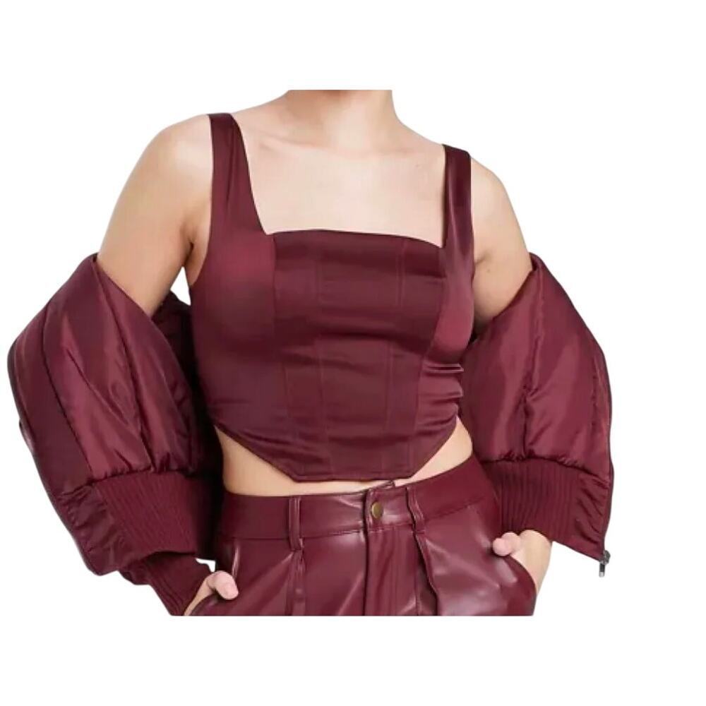 Burgundy Satin Smocked Crop Top Romantic Valentine Style